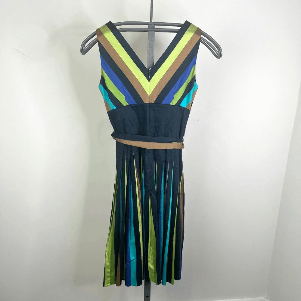 Talbots Petites size 6P V-Neck Sleeveless Dress Stripe Navy Green Brown with Bel